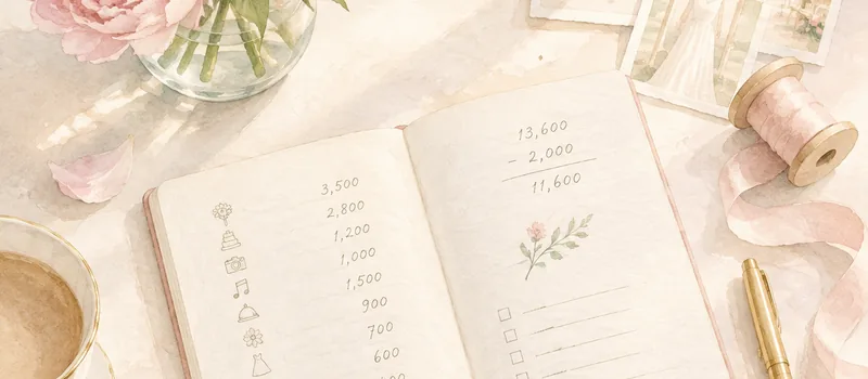 Soft pastel still life of a wedding planning scene: a cream notebook with a handwritten budget list, blush roses, and a gold pen on an ivory linen table